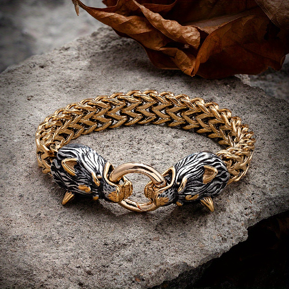 Men's Viking Celtic Wolf Head Mesh Chain Bracelet